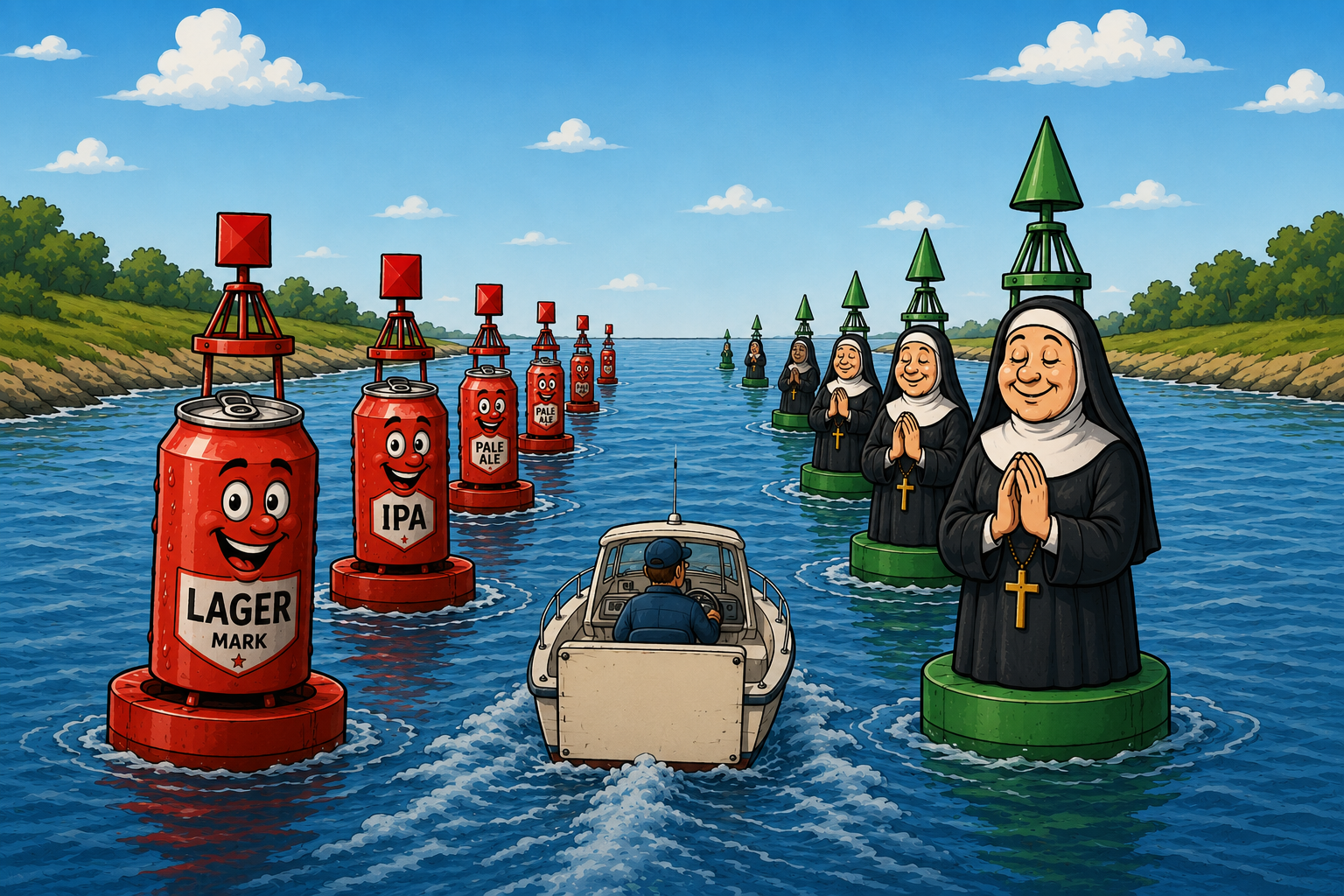 IALA-A: Red cans on the left, Green nuns on the right. Cans and nuns.